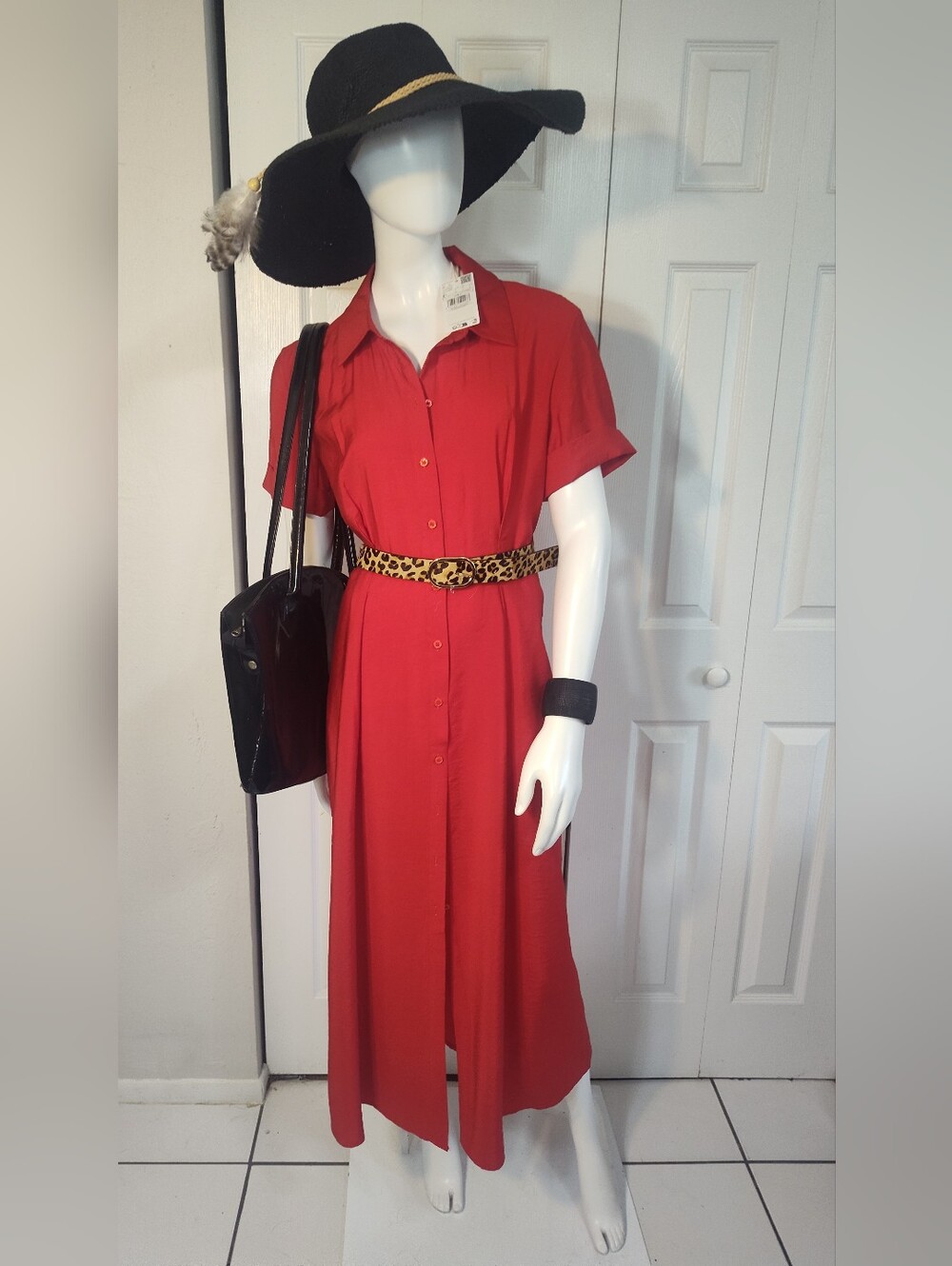 Red Button-Front Maxi Shirt Dress